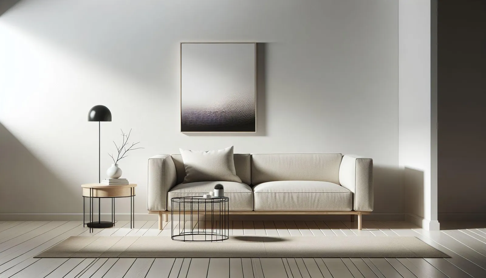 A quiet minimalist room in soft daylight: a framed muted print hangs above a pale grey sofa, beside a black floor lamp, a small wooden side table and a low wire table