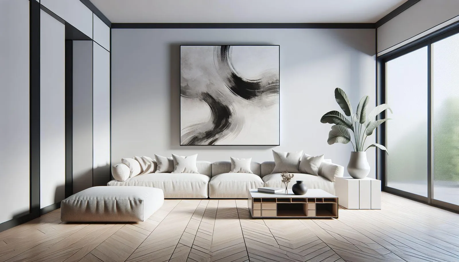 A bright minimalist living room: a large black and white abstract print hangs above a low white sectional sofa, with a wooden coffee table, a potted plant and floor-to-ceiling windows
