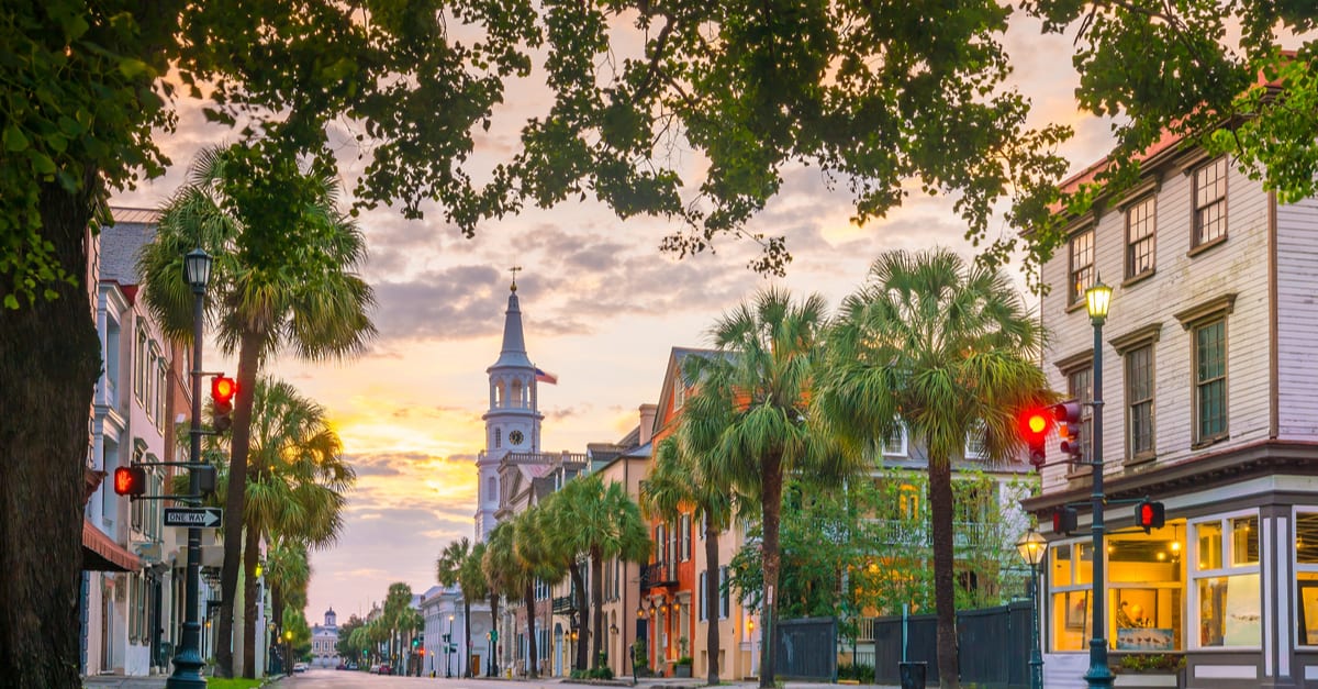 Historic downtown Charleston, South Carolina, USA at sunset.