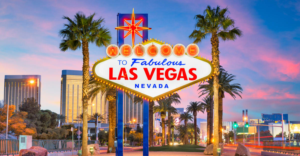Las Vegas, Nevada, USA at the Welcome to Las Vegas sign at sunset.