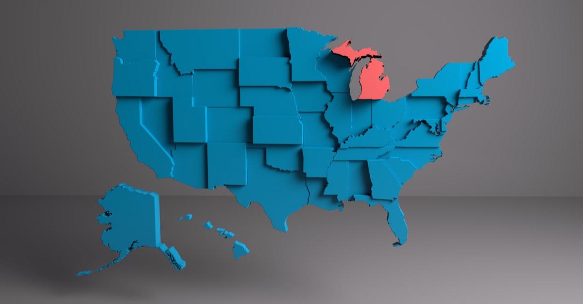 MICHIGAN - State map with 3D rendering of the United States.