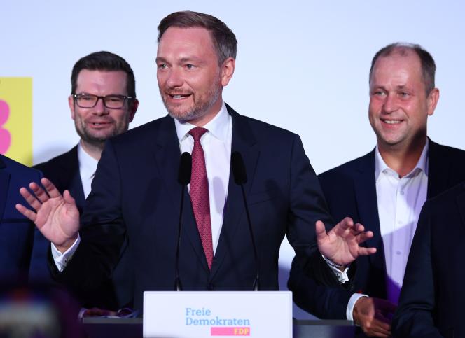 Christian Lindner, President of the Liberal Democratic Party (FDP), reacts after the first exit polls for the German parliamentary elections in Berlin on September 26, 2021.