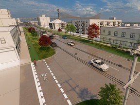 An artist's rendering of what University Avenue might look like, with wide sidewalks, bike lanes, and strips of off-street shade trees, planters, and other vegetation, under a community improvement plan for her and Wyandotte Street West.