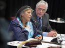 Sedalia Kawennotas, a member of the Mohawk community, and Commissioner Jacques Viens at the Viens Commission, a public inquiry into the mistreatment of indigenous peoples in Quebec in 2018.