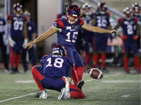 Montreal Alouettes kicker David Côté throws a field goal during the game against the Hamilton Tiger Cats in Montreal on August 27, 2021.
