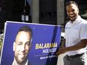 Balarama Holness posted an election poster outside Montreal City Hall on Friday, September 17, 2021. Holness was informed that election posters are not allowed in the Old Montreal area as it is considered heritage.  He removed the sign when asked by city hall security. 