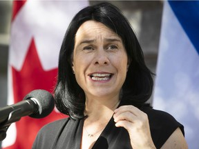 Montreal Mayor Valérie Plante comments on the results of Monday's federal elections, from outside Montreal City Hall on Tuesday, September 21, 2021.