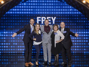 The Frey family, from left to right, Ryan, Amy, Andrew, Coreen and David, will be on Family Feud Canada, airing October 21 at 7:30 pm on CBC and CBC Gem.