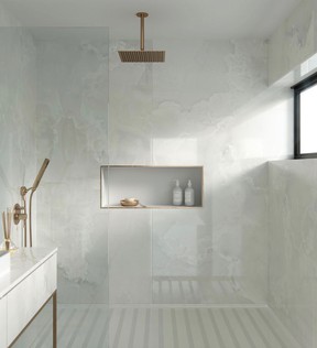 Choosing an ultra-durable surface that is suitable for floors and walls will create a calm look in the bathroom.  Helena from Dekton to the surface, Cosentino.com.