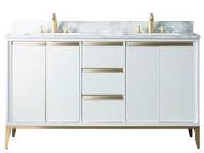 Choosing similar colors and shades when decorating will create a relaxing look in a bathroom.  Kinwell 60-Inch Freestanding Vanity Cabinet in White with Rectangular Sinks, $ 1,248, HomeDepot.ca.