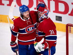 Canadiens defender Ben Chiarot congratulates goalie Carey Price after a playoff victory over the Jets in June. "We show as a group here that we have incredible resilience," Chiarot said about the team's race to the Stanley Cup.