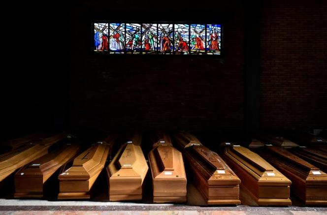 The coffins of Covid-19 victims in the church in the town of Serravalle Scrivia, in the province of Alexandria, Italy, March 23, 2020.