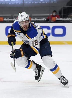 Zach Sanford # 12 of the St. Louis Blues chases the play during a 2-1 overtime win over the Los Angeles Kings at Staples Center on May 10, 2021 in Los Angeles, California.