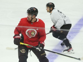 Newly acquired Zach Sanford (red) from the Ottawa Senators during morning practice at the Canadian Tire Center on Tuesday, Sept. 28, 2021.
