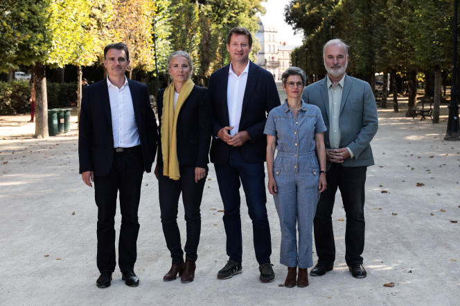 The five candidates for the ecological primary: Eric Piolle, Delphine Batho, Yannick Jadot, Sandrine Rousseau and Jean-Marc Governatori (from left to right), August 20, 2021, in Poitiers.