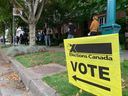 Voters line up around the block at the Holy Trinity Ukrainian Orthodox Cathedral and Auditorium at 154 East 10th Avenue in Vancouver on September 20, 2021.