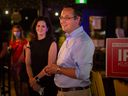 Windsor-Tecumseh Liberal MP Irek Kusmierczyk addresses his campaign workers as his wife Shauna looks on at Parks & Rec Sportsbar in the Forest Glade area of ​​Windsor on the night of September 20, 2021.
