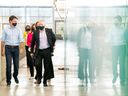 Canada's Liberal Prime Minister Justin Trudeau arrives with local candidates for an election campaign stop in Windsor, Ontario, Canada, on September 17, 2021.