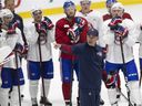 Canadiens head coach Dominique Ducharme talks to his players during the first day of ice training camp Thursday in Brossard.