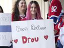 A Canadiens fan voices support for Jonathan Drouin outside the parking lot as the Montreal Canadiens arrive for the Reds-Whites fight on Sunday, Sept. 26, 2021.