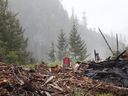 Protesters stand on the rubble of a chopping block as RCMP officers arrest those managing the Waterfall Camp blockade against logging old timber in the Fairy Creek area of ​​Vancouver Island near Port Renfrew , BC, in May.