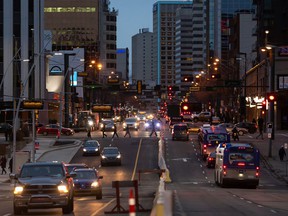 Jasper Avenue is seen from 111 Street in Edmonton, Wednesday, Nov. 4, 2020.