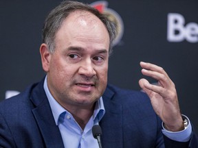 Ottawa Senators general manager Pierre Dorion during a press conference ahead of the opening of the teams' main training ground on Wednesday.