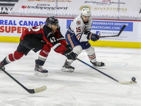 Justin Sourdif (left), who was the WHL BC Division Player of the Year last spring after leading it in scoring with 34 points, is a good bet to be named Vancouver Giants captain once he returns to the WHL club from NHL camp with the Florida Panthers.