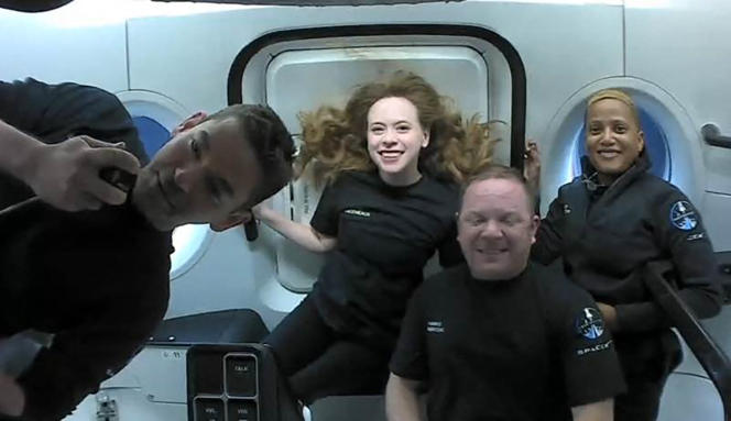 The four space tourists in orbit, September 16, 2021: Left to right, Jared Isaacman, the billionaire who funded the mission, Hayley Arceneaux, Christopher Sembroski and Sian Proctor.