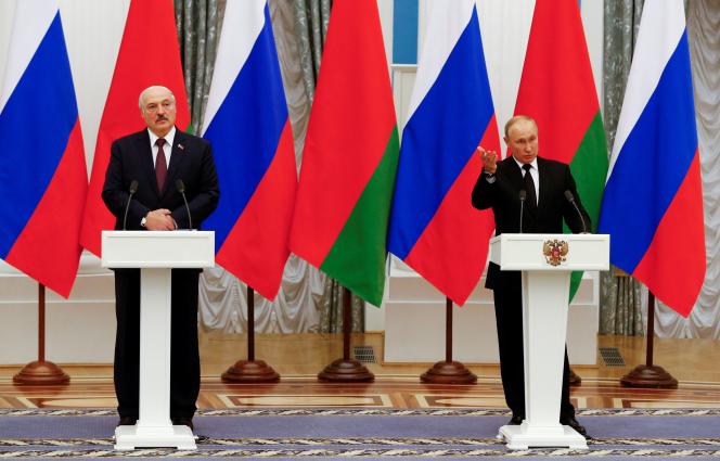 Belarusian President Alexander Lukashenko and his Russian counterpart Vladimir Putin at a joint press conference at the Kremlin in Moscow on September 9, 2021.