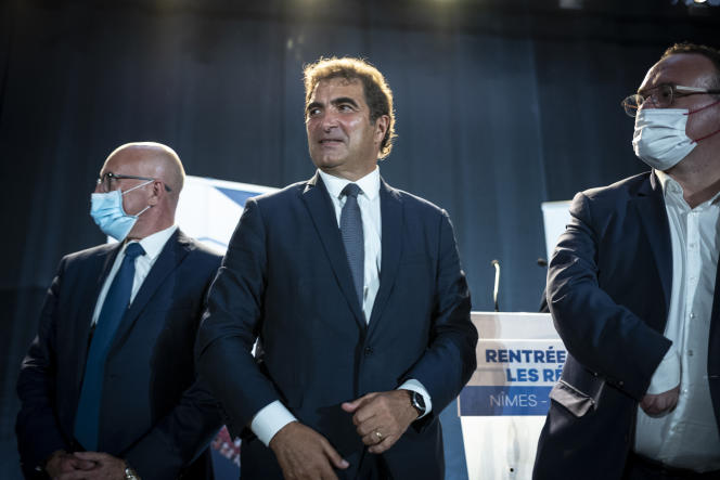 Eric Ciotti, Christian Jacob and Damien Abad during the back-to-school meeting of parliamentarians from the Les Républicains (LR) party in Nîmes, September 9, 2021.