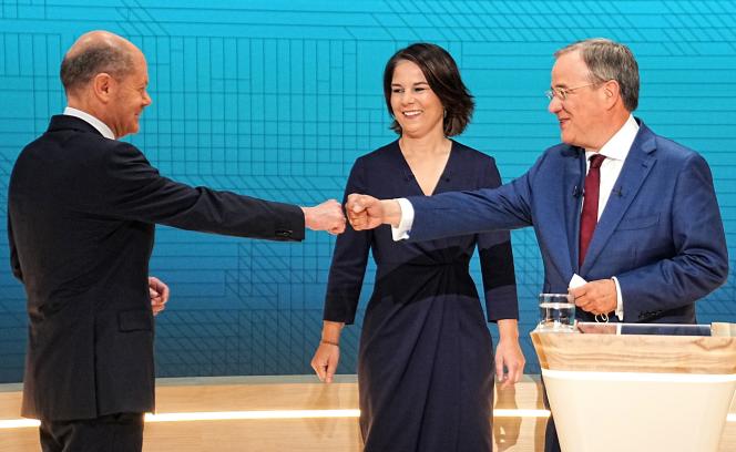 Olaf Scholz (SPD), Annalena Baerbock (Greens) and Armin Laschet (CDU-CSU), before their televised debate, Sunday September 12, in Berlin
