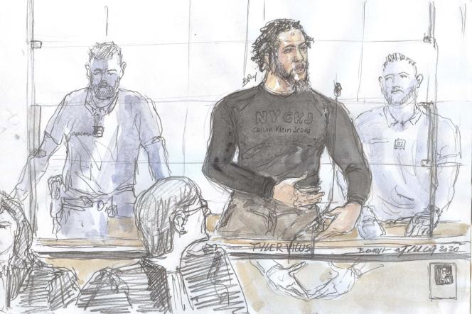 Sketch of the hearing made on June 25, 2020, during the opening of the trial of Tyler Vilus, before the special assize court in Paris.