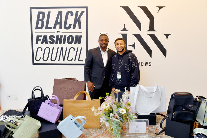 New York Lieutenant Governor Brian Benjamin (left) and Cise designer Blake Van Putten in the Black In Fashion Council showrooms during New York Fashion Week, September 12, 2021.