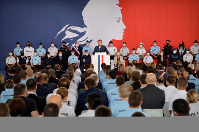 The President of the Republic, Emmanuel Macron, during a speech at the police academy of Roubaix (North), September 14, 2021.