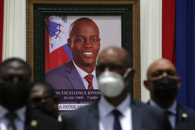 The portrait of assassinated Haitian President Jovenel Moïse hangs on the wall of the National Pantheon Museum, in Port-au-Prince, July 20, 2021.