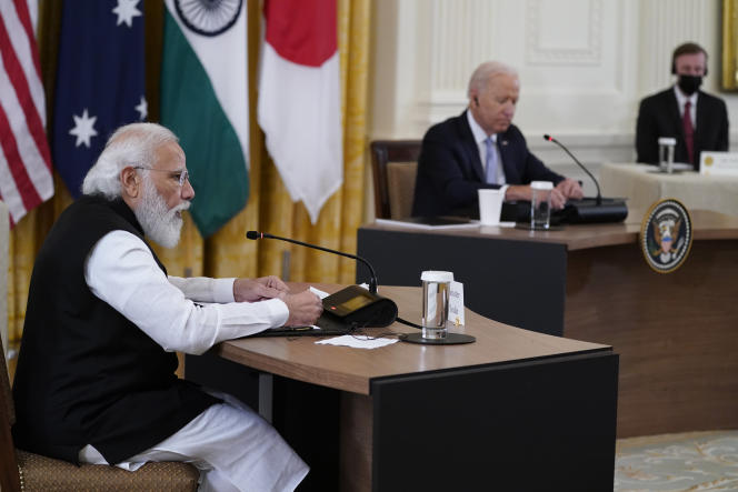 Indian Prime Minister Narendra Modi, left, speaks at the Quad Summit with President Joe Biden, Australian Prime Minister Scott Morrison and Japanese Prime Minister Yoshihide Suga, at the White House on September 24, 2021, in Washington, DC, in the USA.