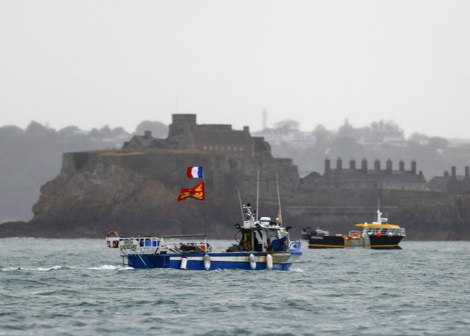 Demonstration of a French fishing vessel in Saint Helier, the capital of the Channel Island of Jersey, on May 6, 2021.