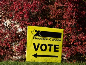 An Elections Canada voting sign is seen at the Lister Center, an Elections Canada residence and polling station at the University of Alberta, during the 2021 Federal Elections in Edmonton, Monday, Sept. 20, 2021.