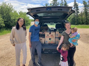 Farmlink Project Canada has salvaged around 40,000 pounds of surplus food by connecting farms with local food banks.  From left to right: Cindy Zhang, Tom Zhao and Kirsty Frayn from Pasture Perfect Farms in Coronation.