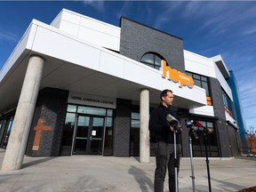 Tim Pasma, Hope Mission homeless programming manager, speaks outside the new Herb Jamieson Center in Edmonton on Tuesday, Sept. 28, 2021. The center, which is expected to open in October 2021, is an open men's shelter. 24 hours.