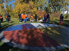 Enoch held a groundbreaking ceremony for his new memorial dedicated to survivors of residential schools behind Maskekosak Kiskinomatowikamik School west of Edmonton on Wednesday, Sept. 29, 2021.