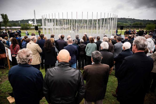 In front of the monument in memory of the victims of the industrial explosion of September 2001 at the AZF chemical plant, near Toulouse, on September 21, 2021.