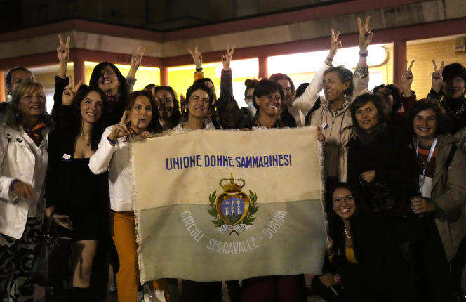Feminist activists celebrate decriminalization of abortion in San Marino, Italy, September 26, 2021.