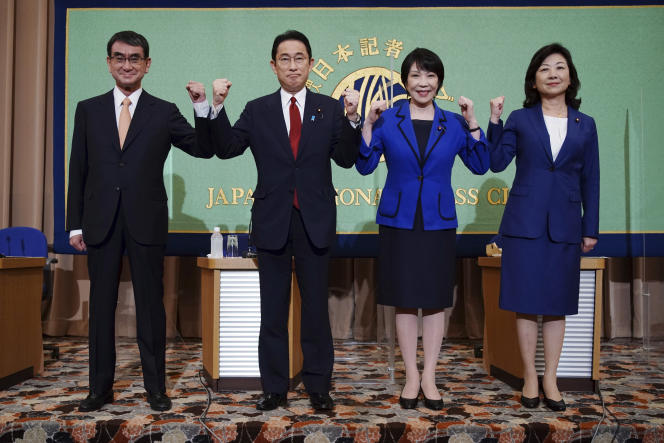 The four presidential candidates of the (ruling) Liberal Democratic Party, Taro Kono, Fumio Kishida, Sanae Takaichi and Seiko Noda, before a debate hosted by the Japan National Press Club in Tokyo on September 18, 2021.
