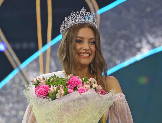 Daria Goncharevich during her victory in the final of the Miss Belarus beauty pageant, in Minsk, Belarus, September 10, 2021.