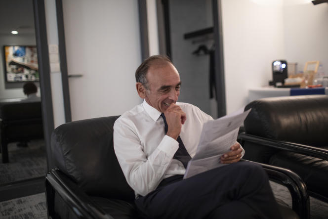 Eric Zemmour is working on his speech ahead of his public meeting at the Acropolis Convention Center in Nice on September 18, 2021.