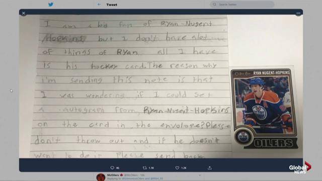 Click to play video: 'Edmonton Oilers Connects With Boy Who Wrote Letter Requesting Ryan Nugent-Hopkins Signature'