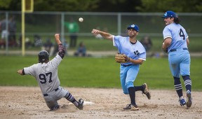 Dan Marra of the Toronto Maple Leafs throws the ball as Carlos Arteaga of the London Majors slides to second base at Christie Pits.  Ernest Doroszuk / Toronto Sun