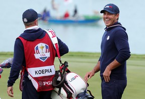 Brooks Koepka of Team USA reacts during Saturday afternoon's Fourball games of the 43rd Ryder Cup at Whistling Straits in Kohler, Wisc.